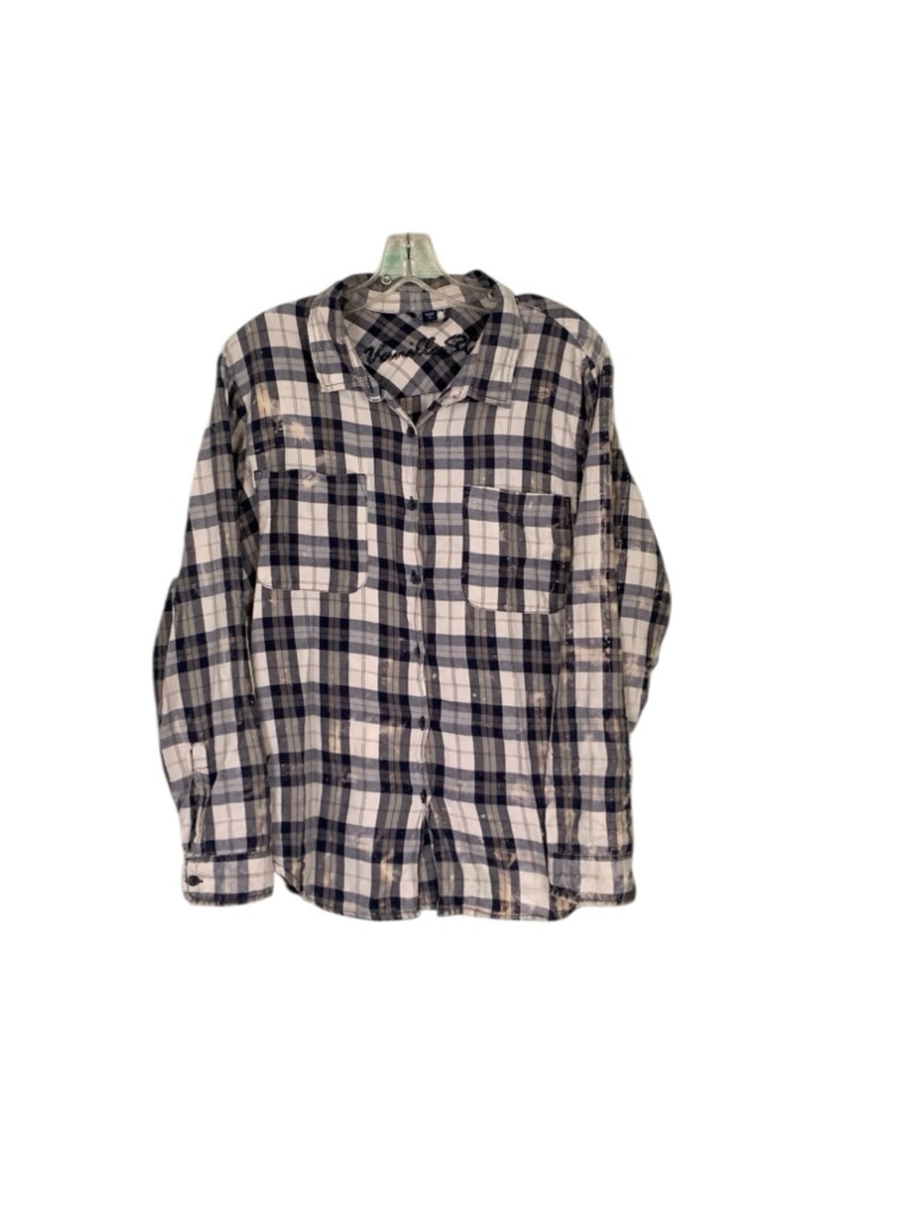 🌵Vanilla Star Distressed Bleached Blue/White Flannel Plaid Button Up XL🌵